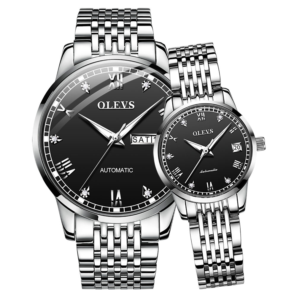 Lefimar - OLEVS - mechanical couples watch - black dial - silver case - silver stainless steel strap - luminous hands - date display