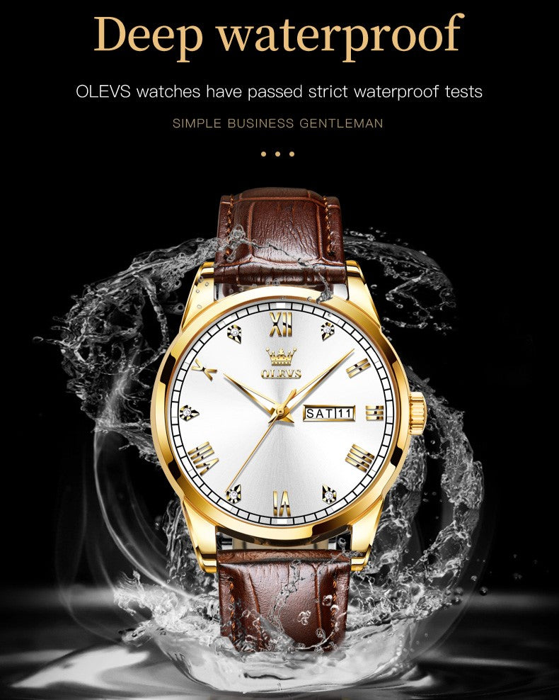 Lefimar - OLEVS - quartz men's watch - leather strap - luminous hands - date display