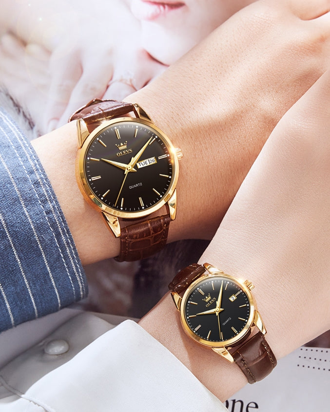 Lefimar-OLEVS-quartz-couple-watch-black-dial-gold-case-brown-leather