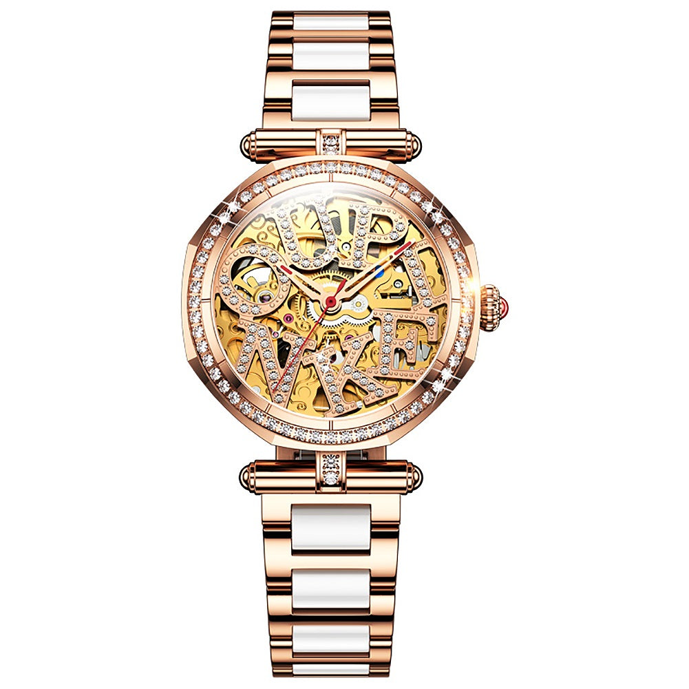 Lefimar - OUPINKE - mechanical women's gold watch - ceramic steel strap