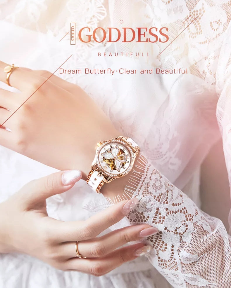 White Lefimar Aphrodite mechanical watch for women with ceramic strap bracelet