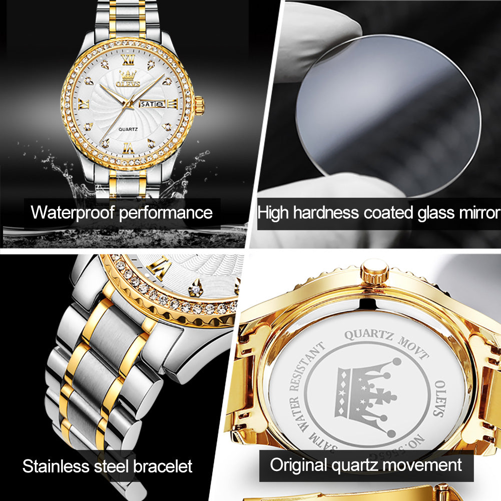 Lefimar - OLEVS - quartz couple movement watch - gold case - gold and silver stainless steel strap bracelet - luminous hands - date display - white dial - properties - high hardness coated glass mirror
