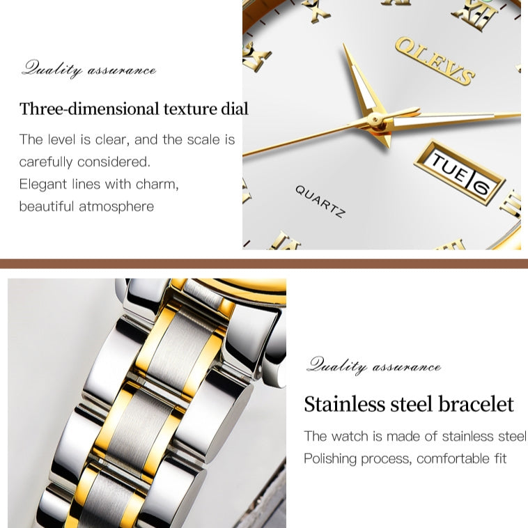 Lefimar - OLEVS - quartz couple watch - black dial - gold case - brown leather strap bracelet - luminous hands - date display - three dimensional texture dial