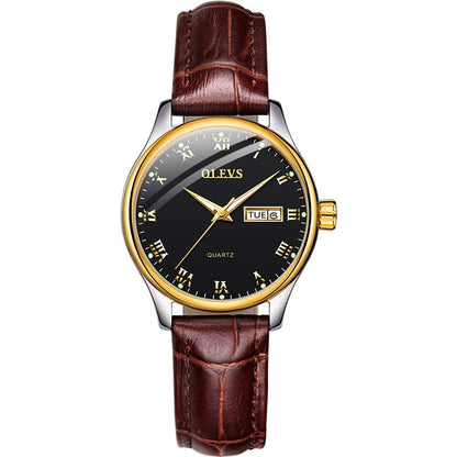 Lefimar - OLEVS - quartz women's watch - black dial - gold case - brown leather strap - luminous hands - date display