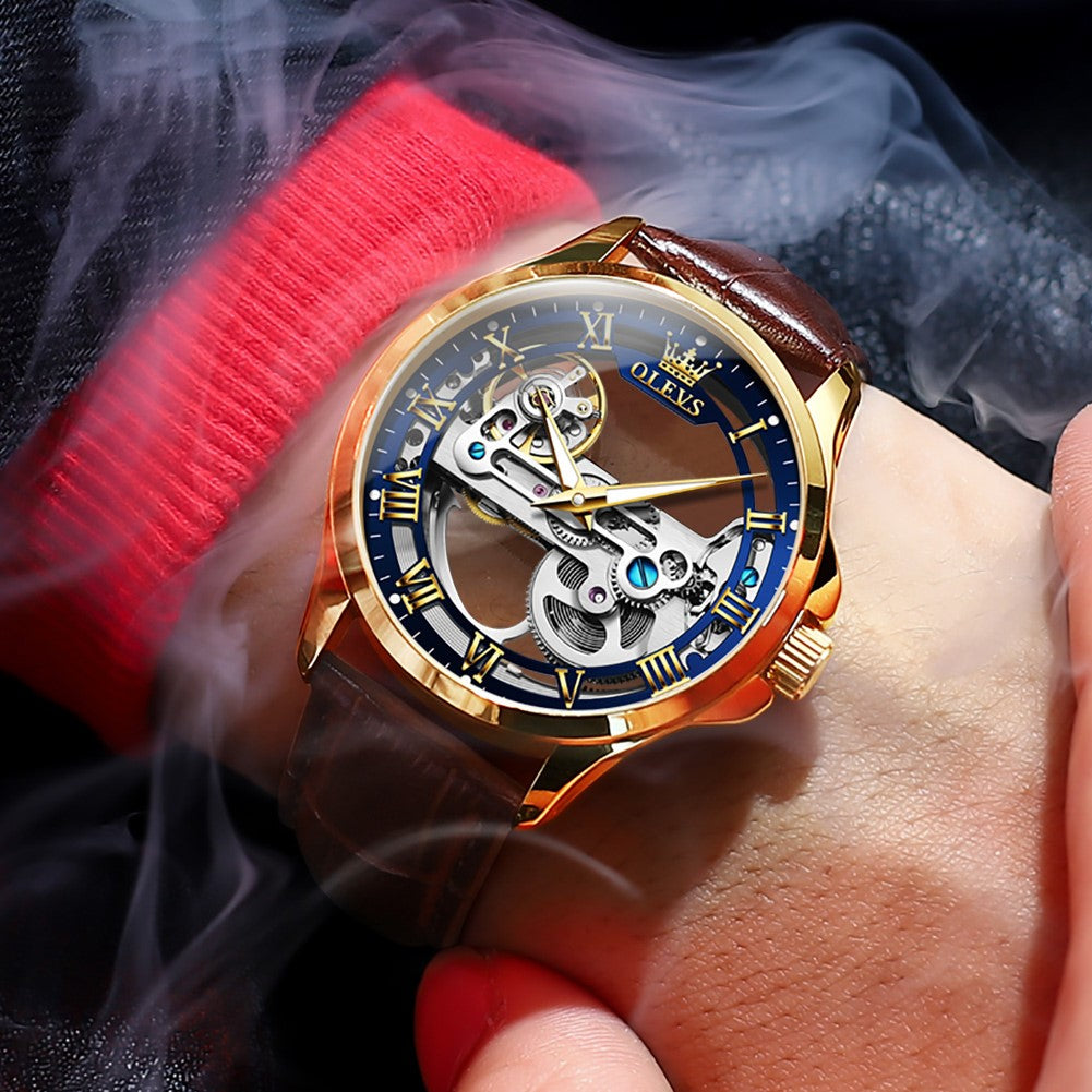 Hollow Perspective men's watch - blue and gold with smoke
