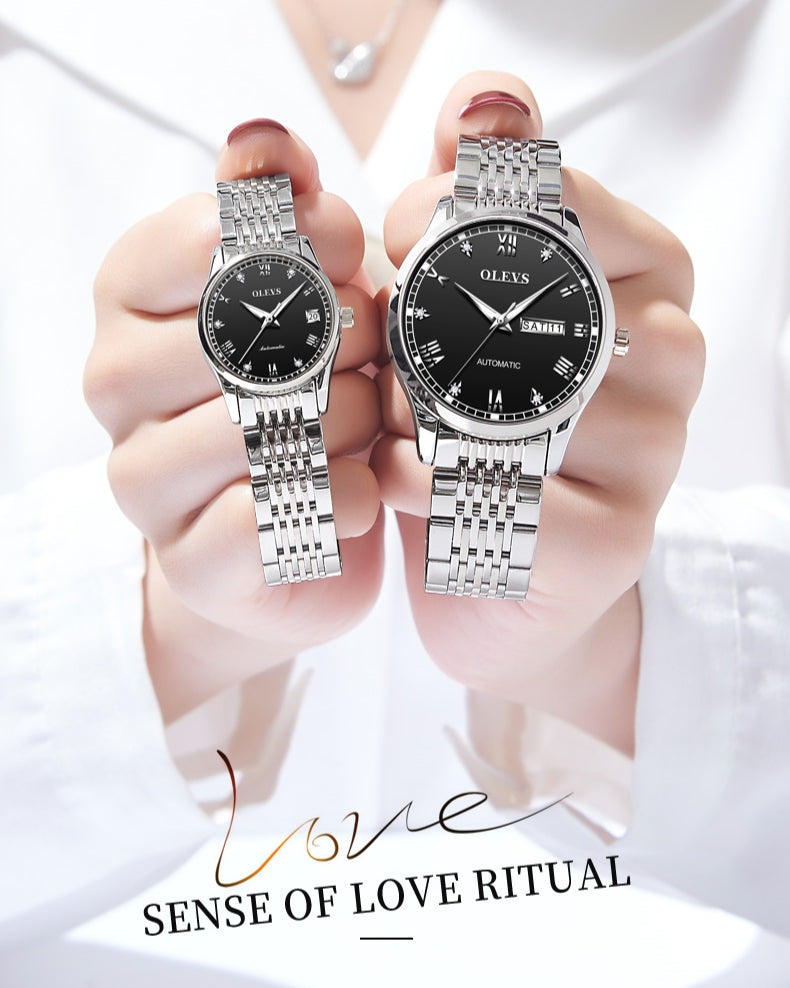 Lefimar-OLEVS-couples-mechanical-watch-black-dial-steel-strap