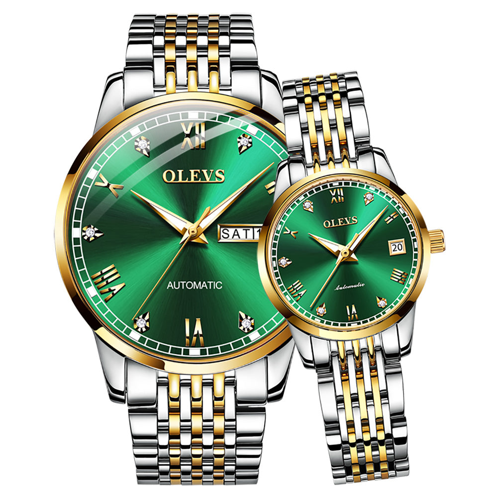 Lefimar - OLEVS - mechanical couples watch - green dial - gold case - silver and gold stainless steel strap - luminous hands - date display