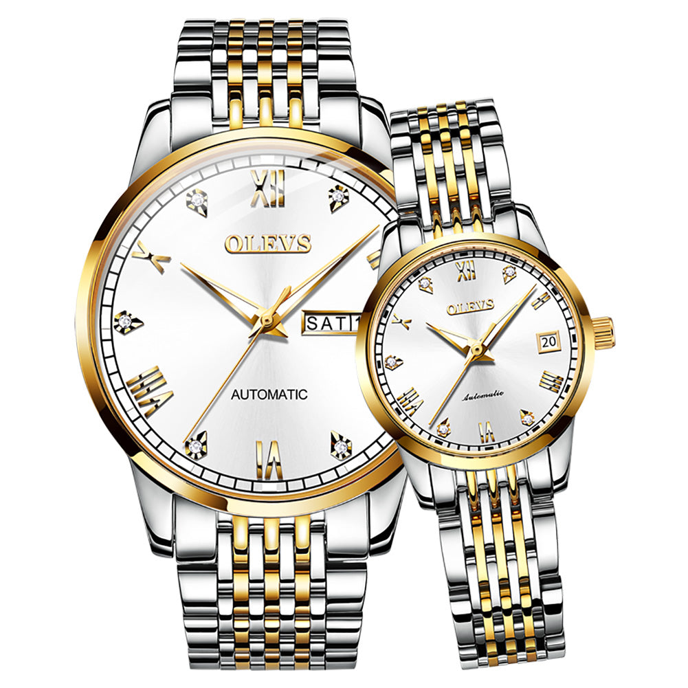 Lefimar - OLEVS - mechanical couples watch - white dial - gold case - silver and gold stainless steel strap - luminous hands - date display