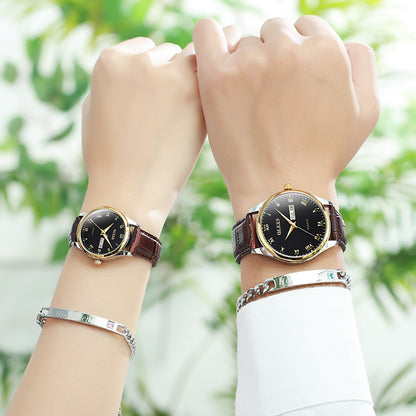 Lefimar - OLEVS - quartz couple watch - black dial - gold case - brown leather strap - luminous hands - date display
