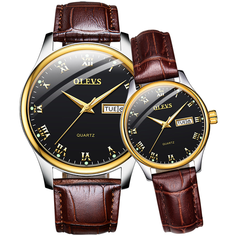 Lefimar - OLEVS - quartz couple watch - black dial - gold case - brown leather strap - luminous hands - date display