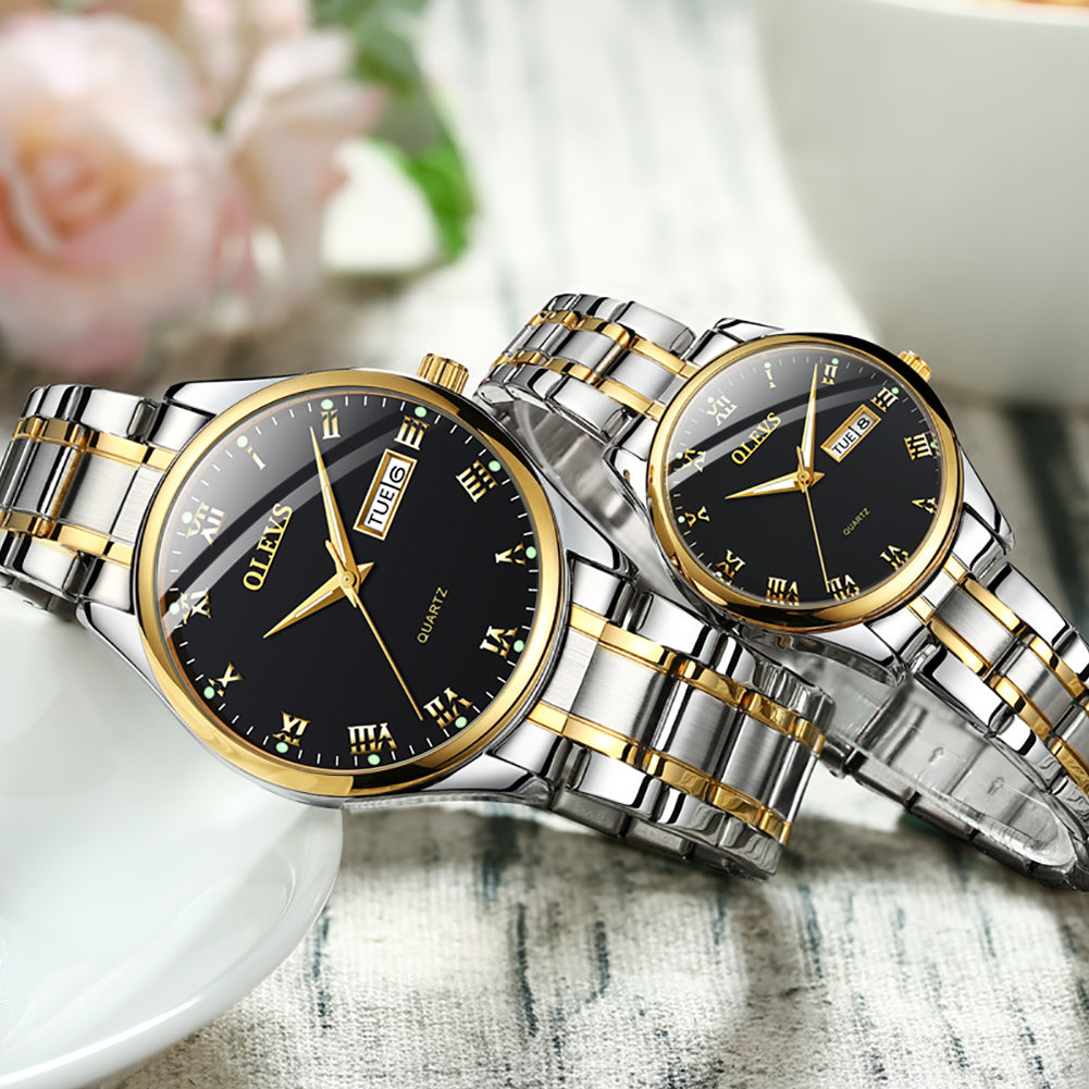 Lefimar - OLEVS - quartz couple watch - black dial - gold case - brown silver and gold stainless steel strap - luminous hands - date display