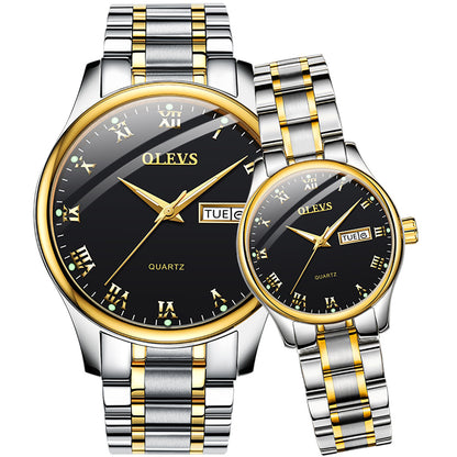 Lefimar - OLEVS - quartz couple watch - black dial - gold case - silver and gold stainless steel strap - luminous hands - date display