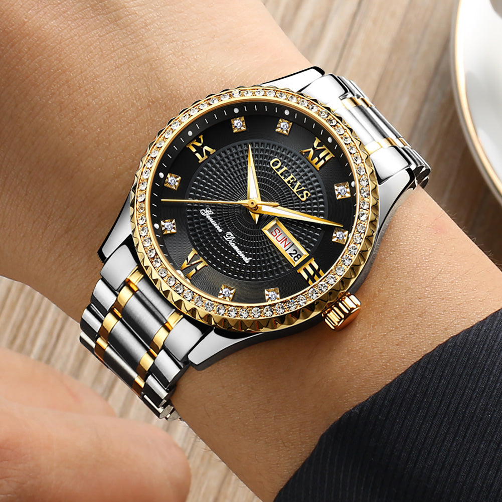 Lefimar - OLEVS - quartz couple watch - gold case - stainless steel strap - luminous hands - date display - black dial