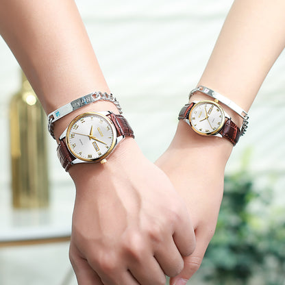Lefimar - OLEVS - quartz couple watch - white dial - gold case - leather brown strap - luminous hands - date display