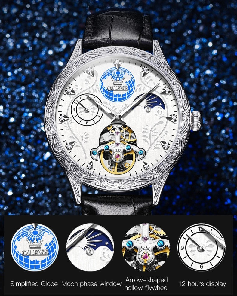 Lefimar OLEVS Fusion Mechanical Men's Watch - White Dial - Luminous Hands - Leather Strap