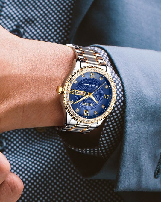 Lefimar - OLEVS - quartz men's watch - gold case - stainless steel strap - luminous hands - date display - blue dial