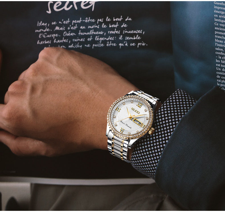 Lefimar - OLEVS - quartz men's watch - gold case - stainless steel strap - luminous hands - date display - white dial