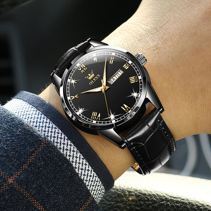 Lefimar - OLEVS - quartz men's watch - leather strap - luminous hands - date display - black