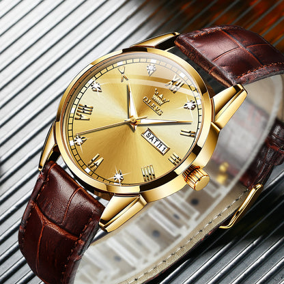 Lefimar - OLEVS - quartz men's watch - leather strap - luminous hands - date display - gold