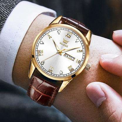 Lefimar - OLEVS - quartz men's watch - leather strap - luminous hands - date display - White