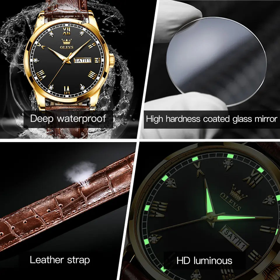 Lefimar - OLEVS - quartz men's watch - leather strap - luminous hands - date display - black - properties