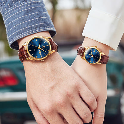 Lefimar - OLEVS - quartz couples watch - blue dial - gold case - brown leather strap - luminous hands - date display
