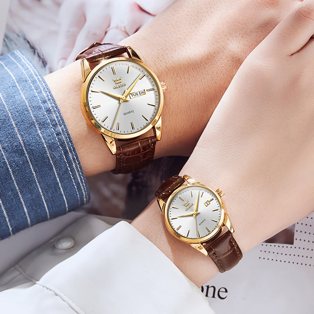 Lefimar - OLEVS - quartz couples watch - white dial - gold case - brown leather strap - luminous hands - date display