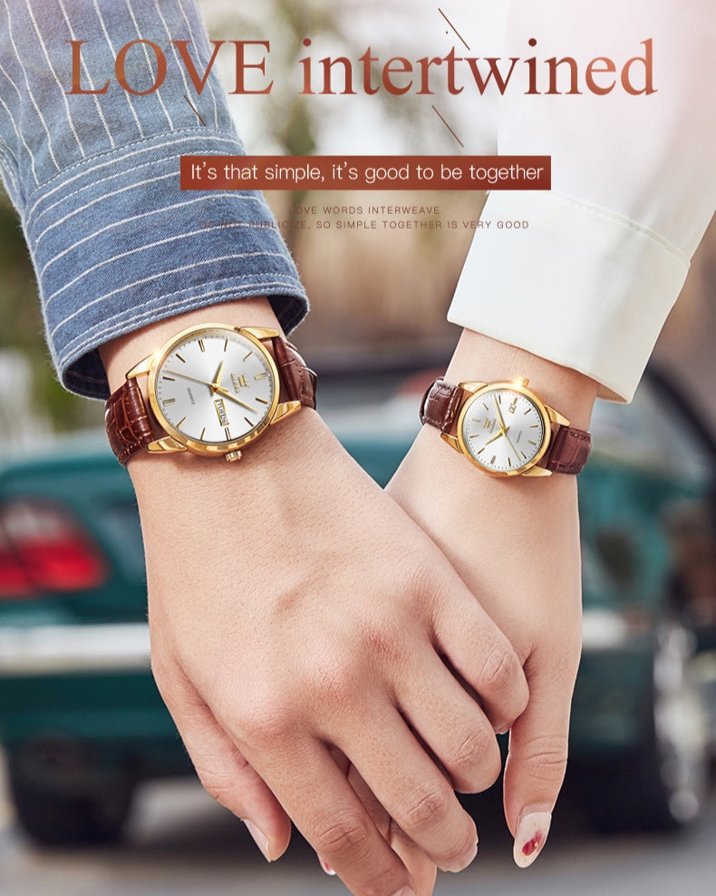 Lefimar-OLEVS-quartz-couple-watch-white-dial-gold-case-brown-leather