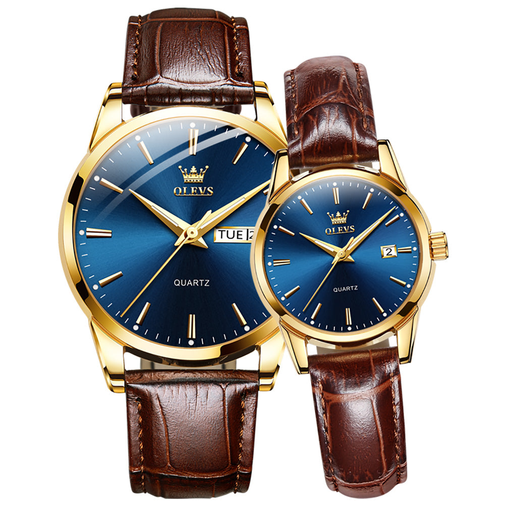 Lefimar - OLEVS - quartz couple watch - blue dial - gold case - brown leather strap - luminous hands - date display