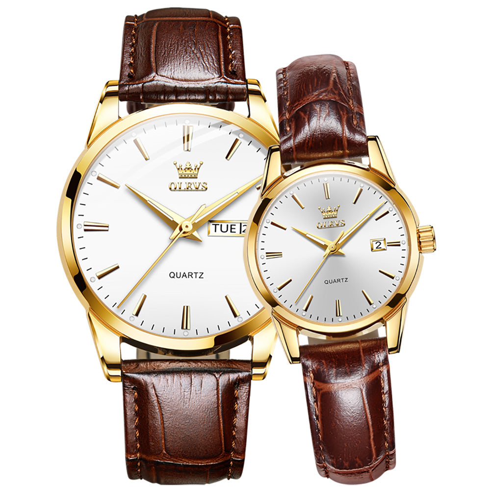 Lefimar - OLEVS - quartz couple watch - white dial - gold case - brown leather strap - luminous hands - date display