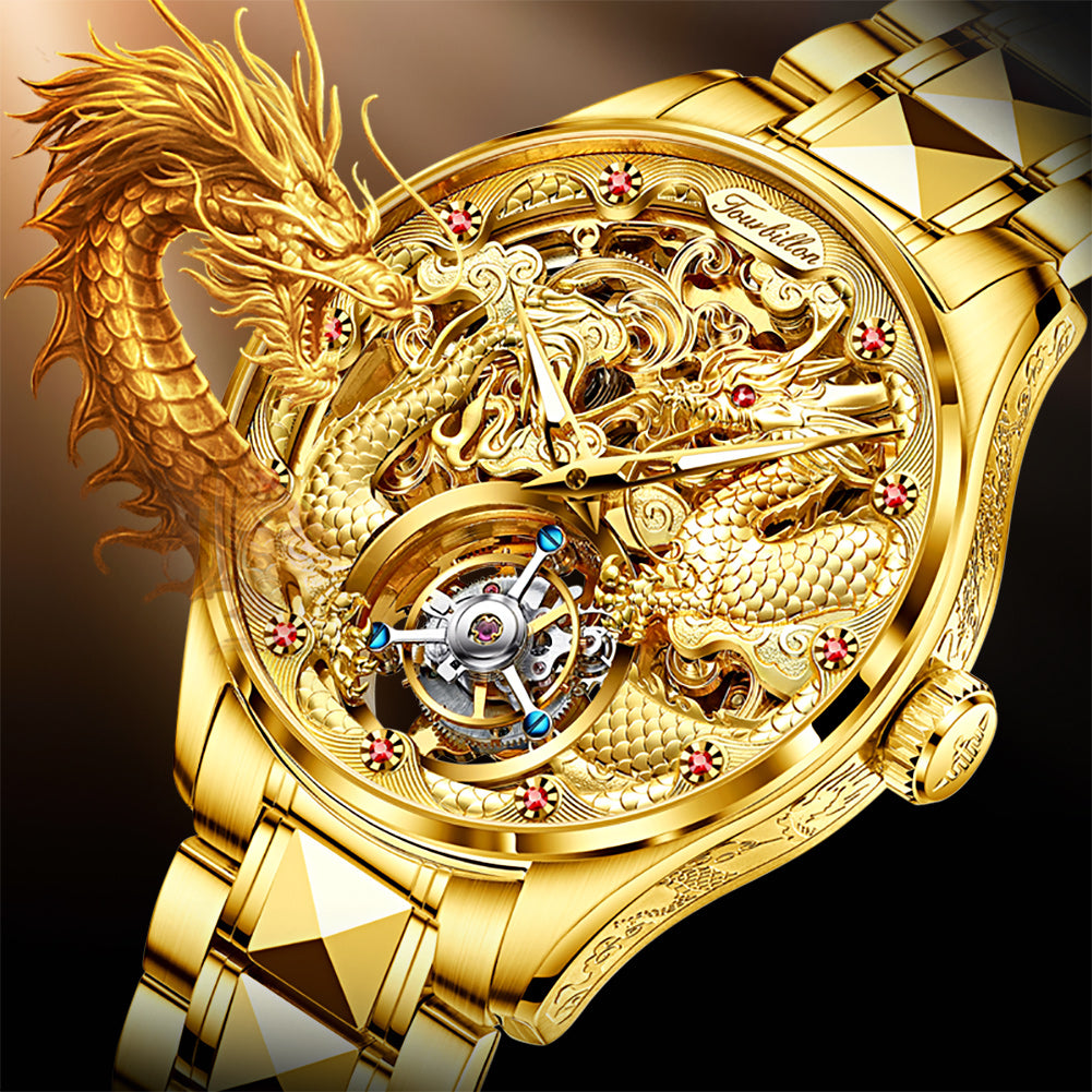 Lefimar - OUPINKE - mechanical women's gold watch - stainless steel strap - dragon