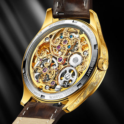 Lefimar - OUPINKE - mechanical women's gold watch - stainless steel strap - hollow back side