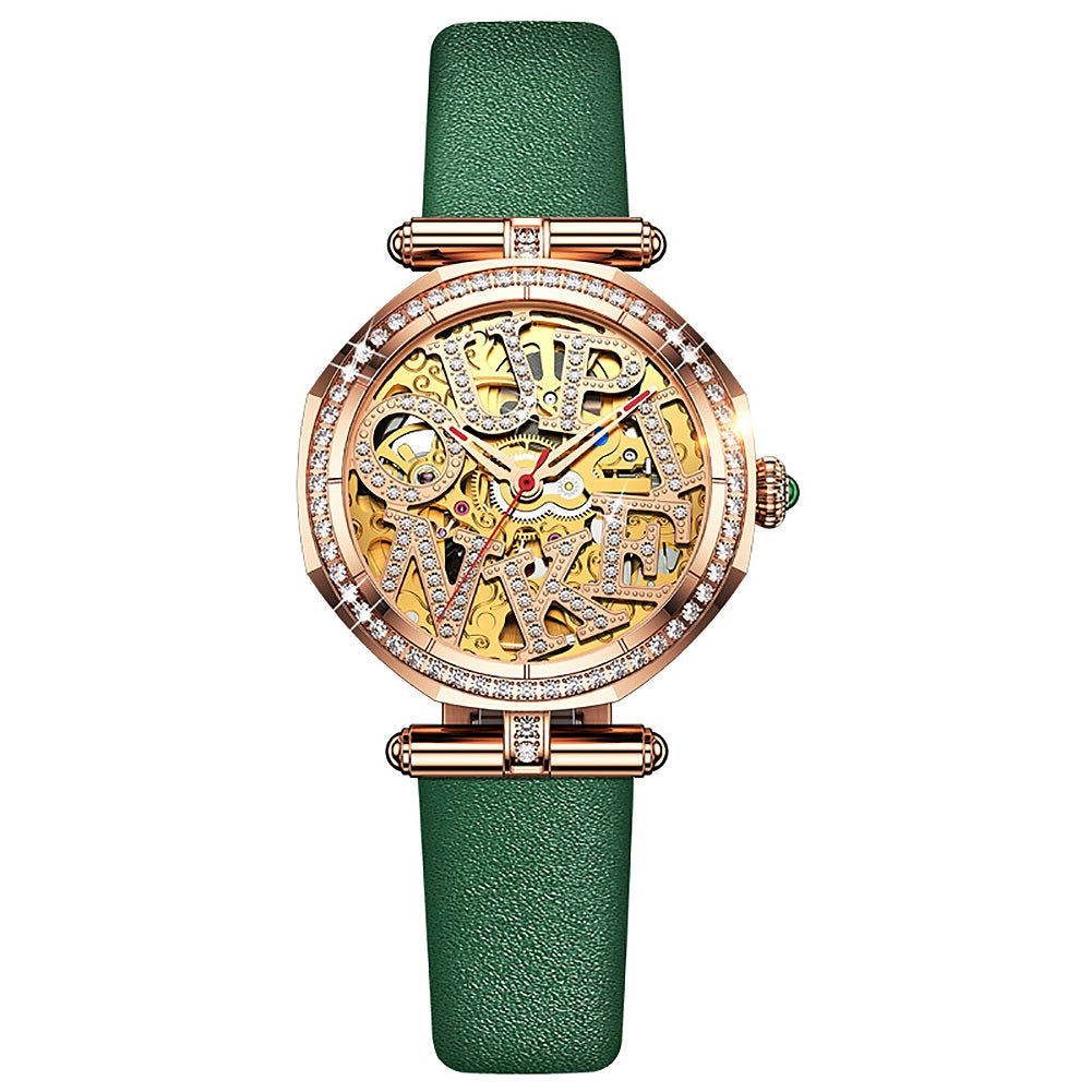 Lefimar - OUPINKE - mechanical women's gold watch - green leather strap