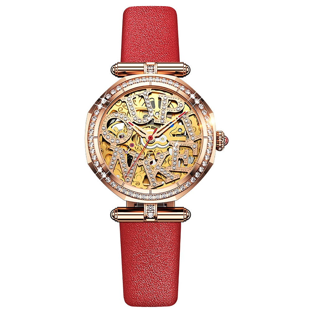 Lefimar - OUPINKE - mechanical women's gold watch - red leather strap