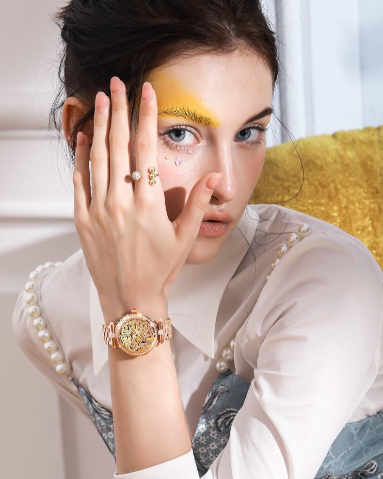 Lefimar - OUPINKE - mechanical women's gold watch - stainless steel strap