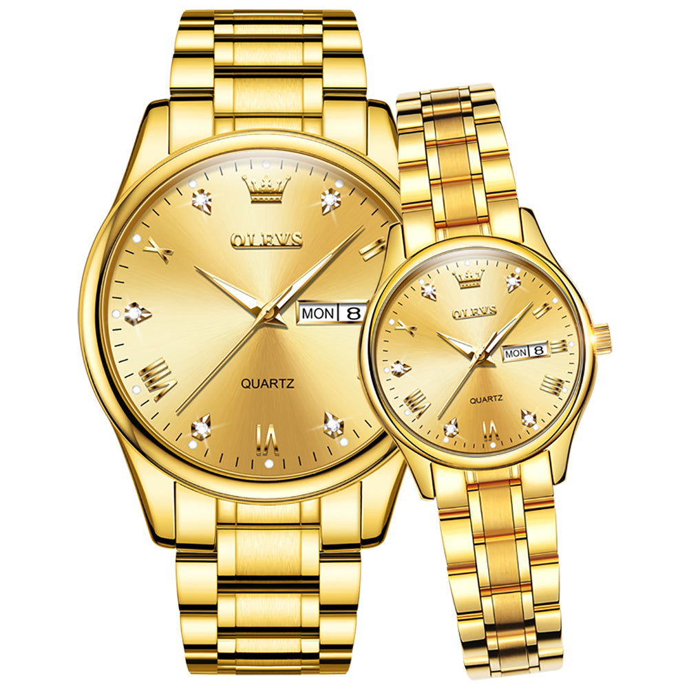 Lefimar OLEVS - Quartz Couples Watch - Stainless Steel Strap - Apollo - Gold