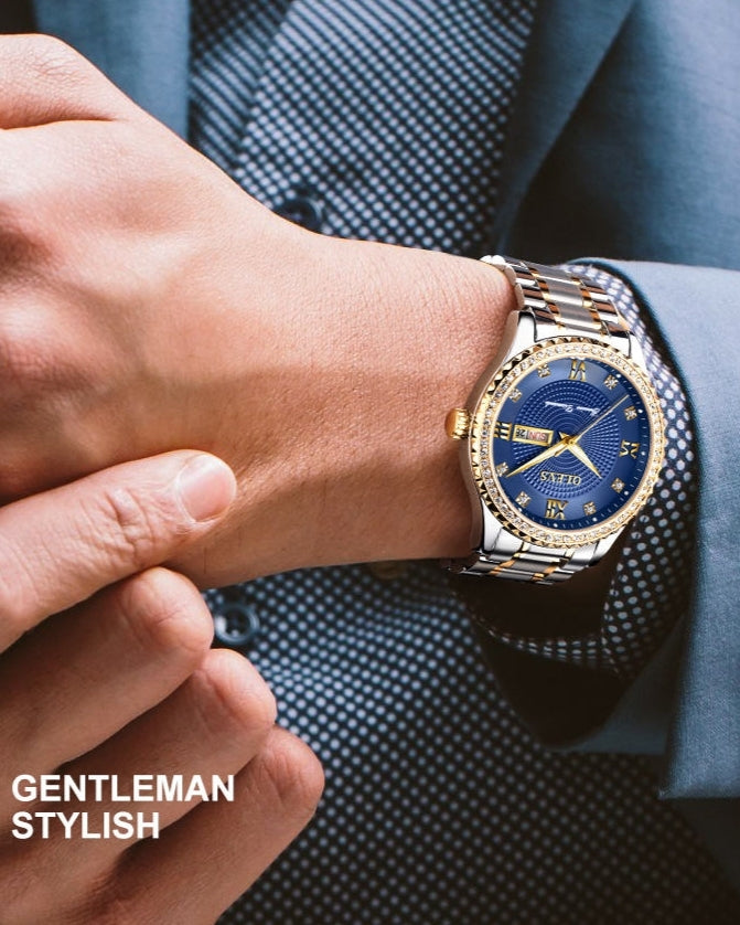 Lefimar - OLEVS - quartz men's watch - gold case - stainless steel strap - luminous hands - date display - blue dial