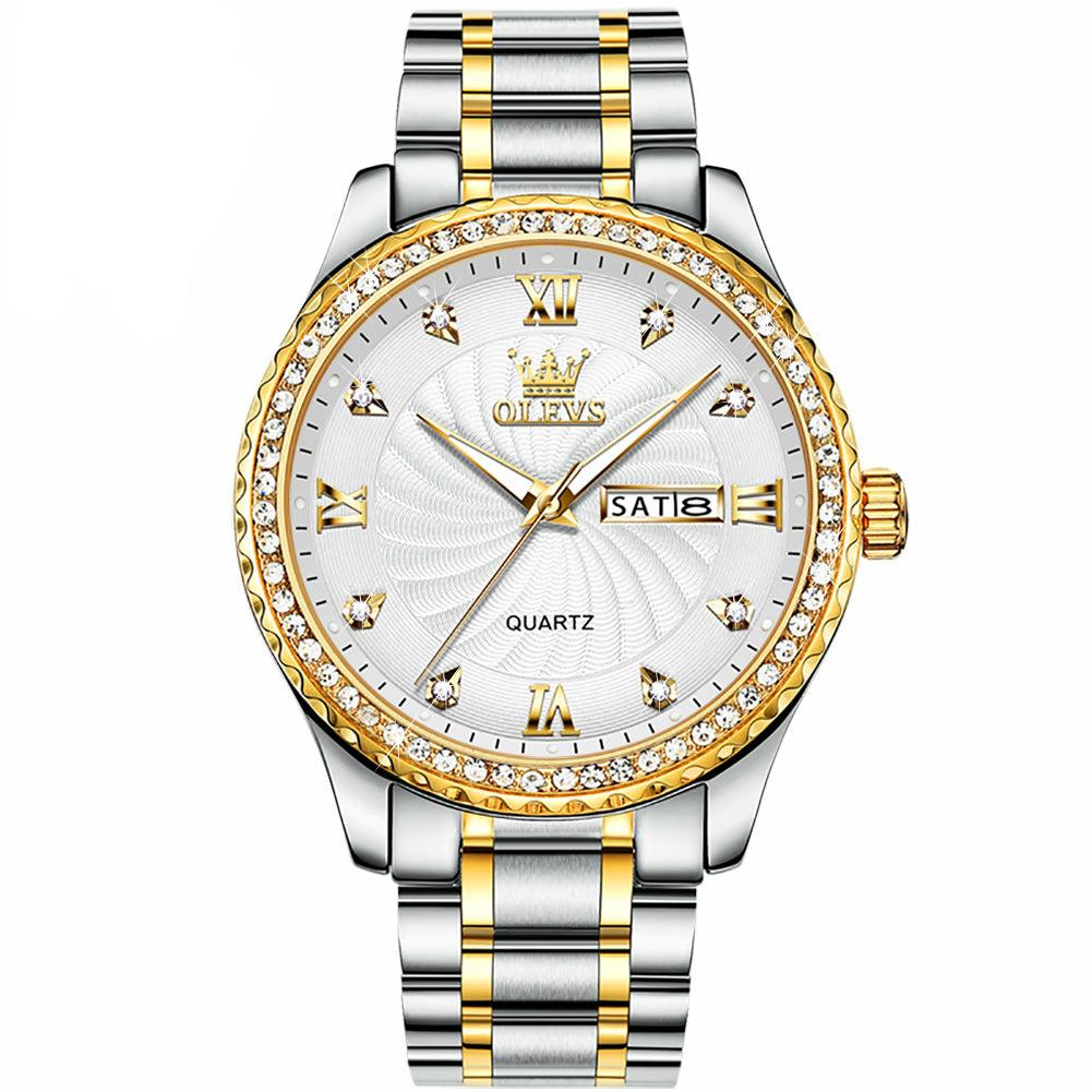 Lefimar - OLEVS - quartz couple watch - gold case - gold and silver stainless steel strap - luminous hands - date display - white dial