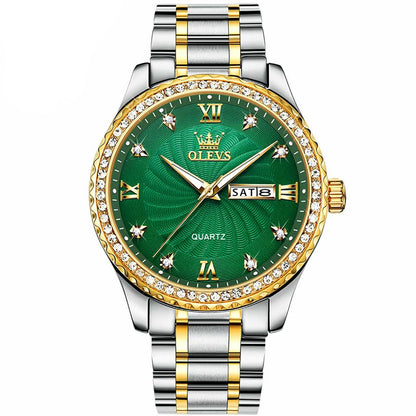 Lefimar - OLEVS - quartz couple watch - gold case - gold and silver stainless steel strap - luminous hands - date display - green dial