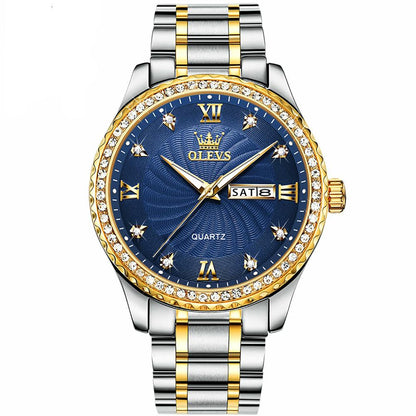 Lefimar - OLEVS - quartz couple watch - gold case - gold and silver stainless steel strap - luminous hands - date display - blue dial