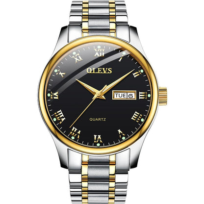 Lefimar - OLEVS - quartz men's watch - black dial - gold case - silver and gold stainless steel strap - luminous hands - date display