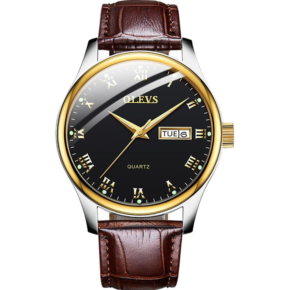 Lefimar - OLEVS - quartz men's watch - black dial - gold case - brown leather strap - luminous hands - date display