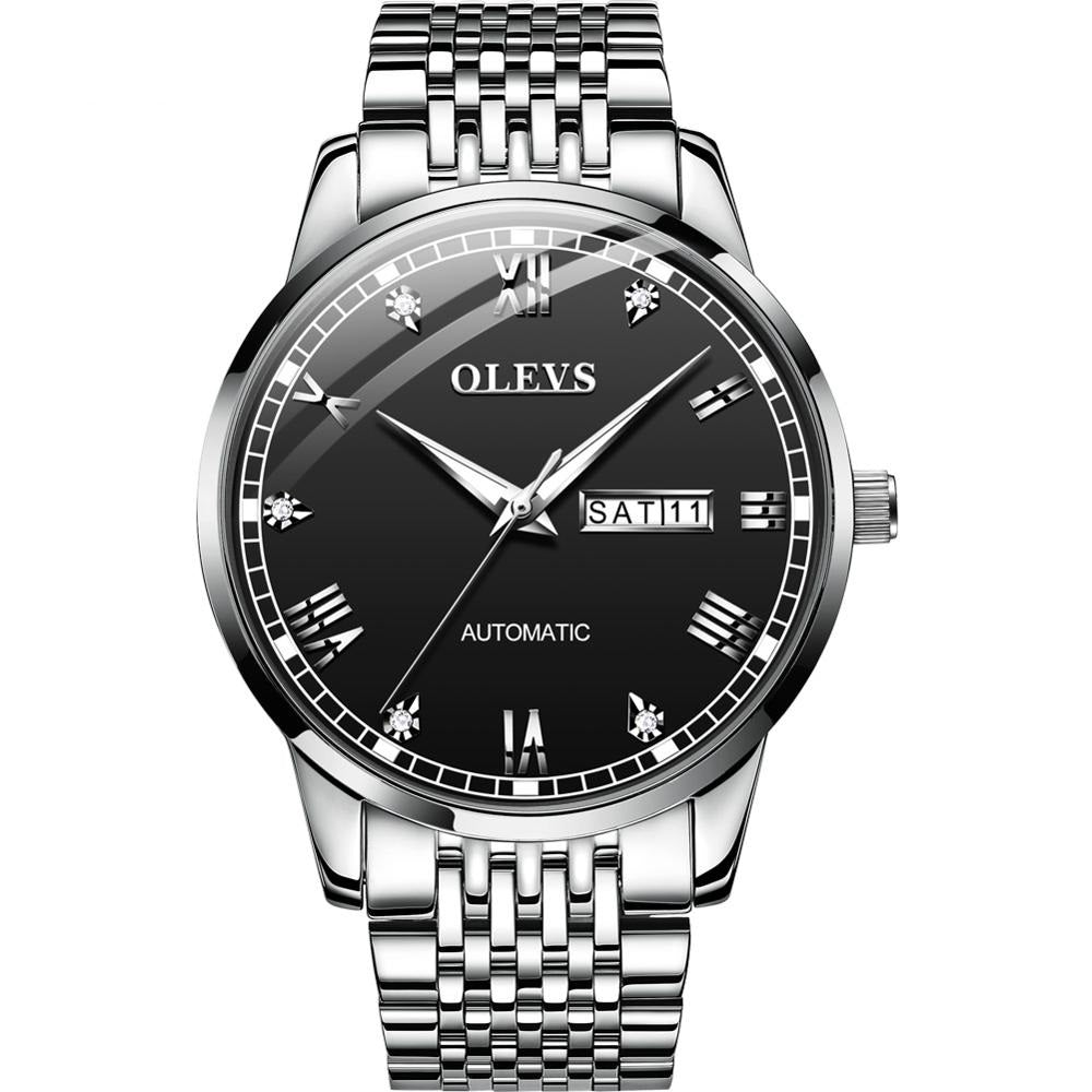 Lefimar - OLEVS - mechanical men watch - black dial - silver case - silver stainless steel strap - luminous hands - date display