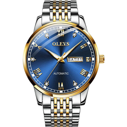 Lefimar - OLEVS - mechanical men watch - blue dial - gold case - silver and gold stainless steel strap - luminous hands - date display