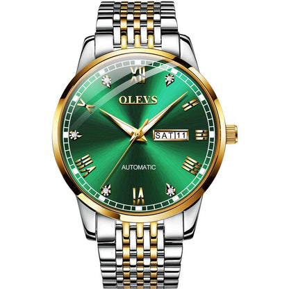 Lefimar - OLEVS - mechanical men watch - green dial - gold case - silver and gold stainless steel strap - luminous hands - date display