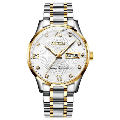 Lefimar - OLEVS - mechanical men's watch - white dial - gold case - silver and gold stainless steel strap - luminous hands - date display