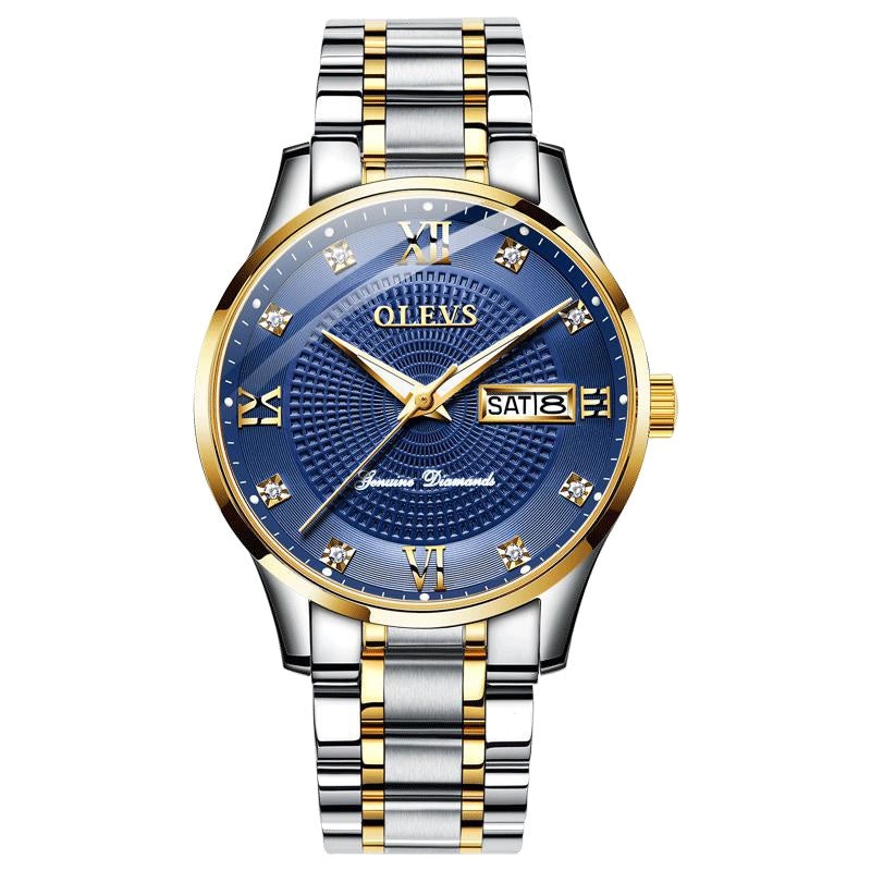 Lefimar - OLEVS - mechanical men's watch - blue dial - gold case - silver and gold stainless steel strap - luminous hands - date display