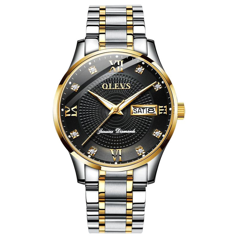 Lefimar - OLEVS - mechanical men's watch - black dial - gold case - silver and gold stainless steel strap - luminous hands - date display