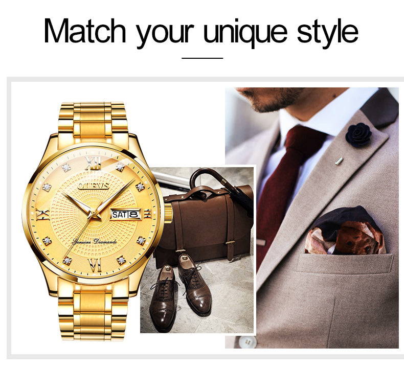 Lefimar - OLEVS - mechanical men's watch - gold dial - gold case - gold stainless steel strap - luminous hands - date display