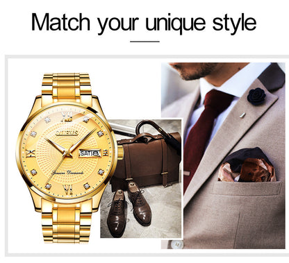Lefimar - OLEVS - mechanical men's watch - gold dial - gold case - gold stainless steel strap - luminous hands - date display